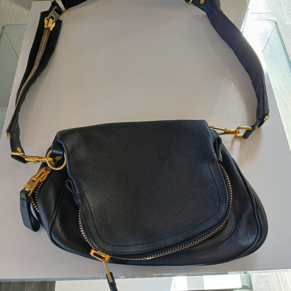 Tom Ford Black Leather Crossbody Bag with Gold Accents